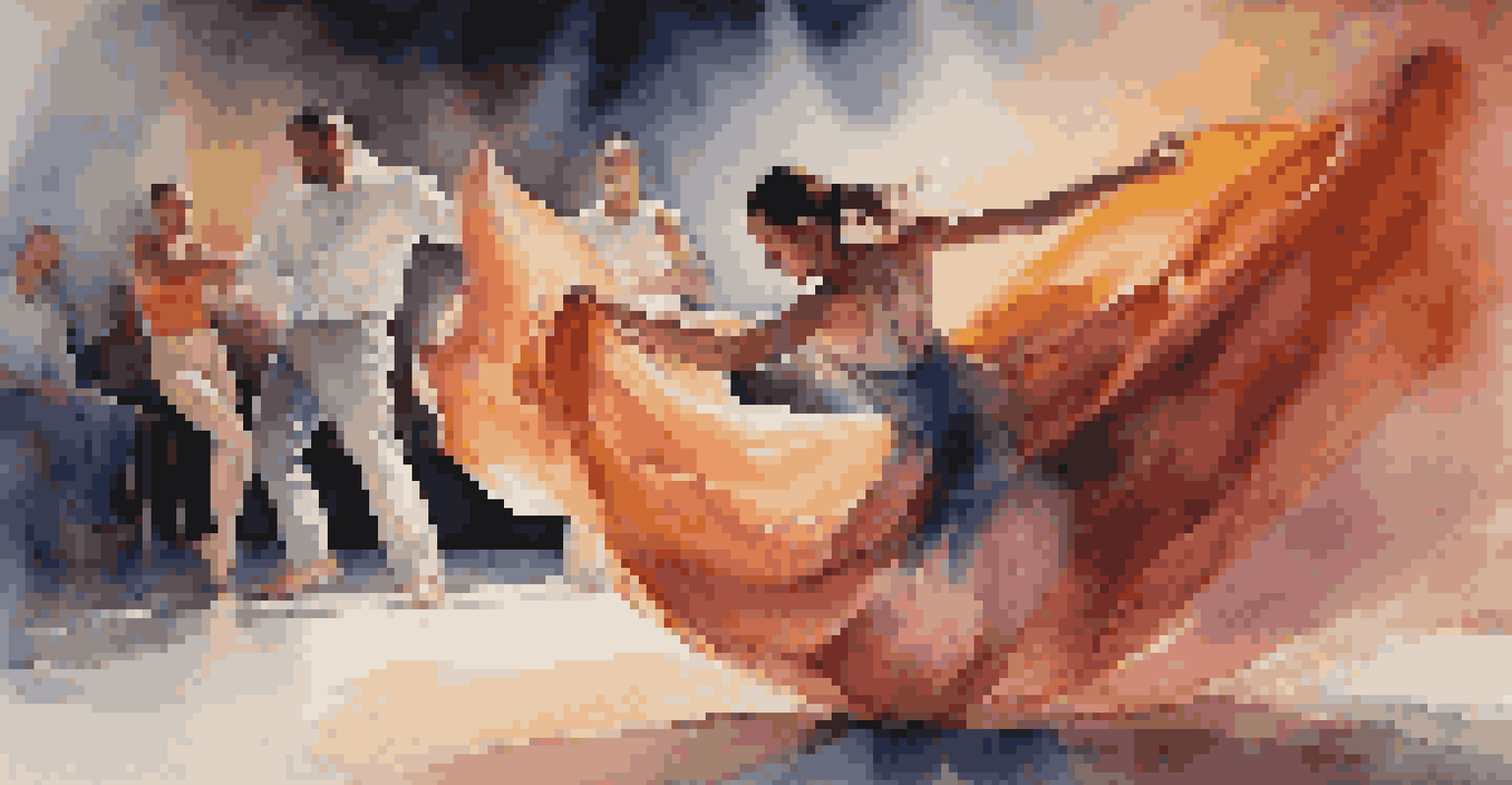 A dance performance where a dancer and a live painter collaborate on stage, surrounded by an engaged audience.