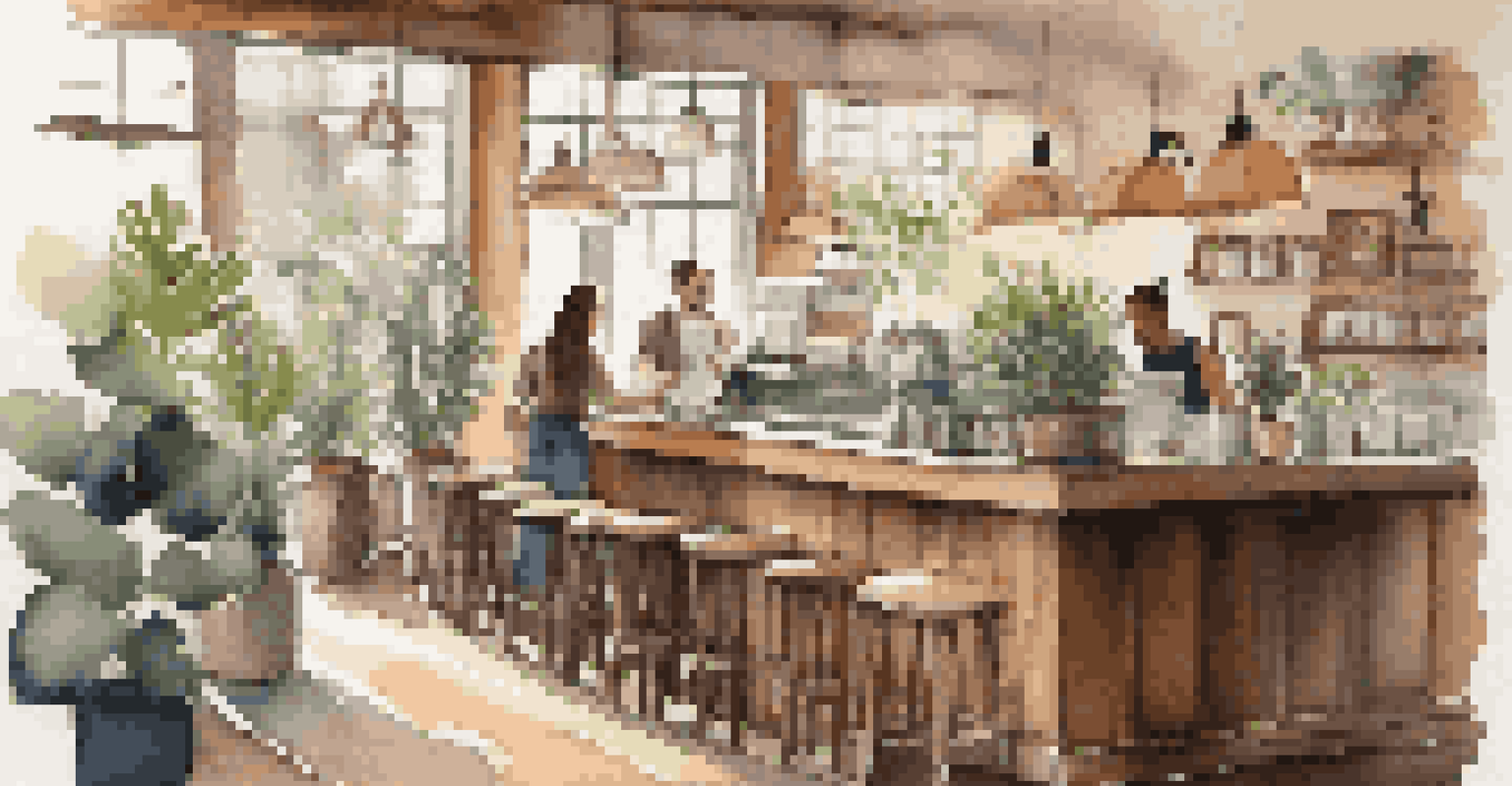 The interior of a cozy coffee shop with wooden tables, ambient lighting, and a barista preparing coffee.