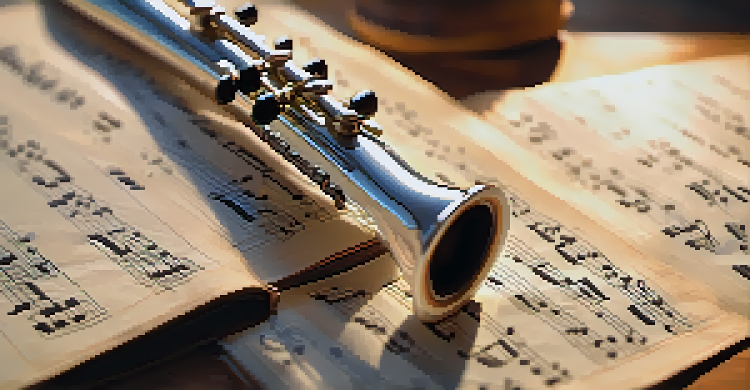 A close-up of a wooden flute on a music sheet, with sunlight highlighting its details.