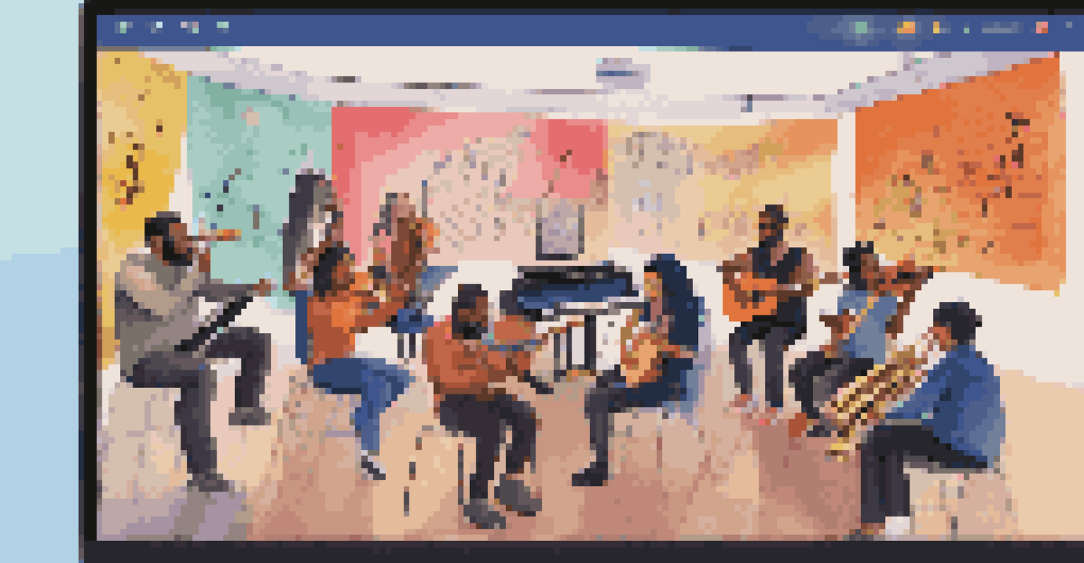 A diverse group of musicians in a virtual meeting, engaging in an online music class with vibrant graphics on a digital screen.