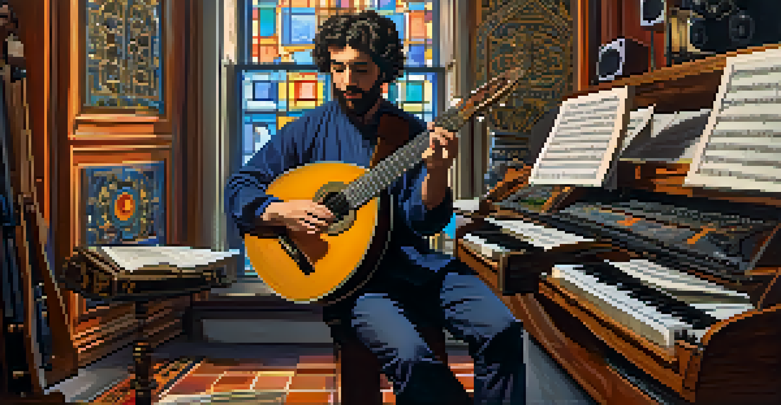 A modern musician in a studio blending Byzantine music with contemporary instruments, surrounded by electronic equipment and sheet music.