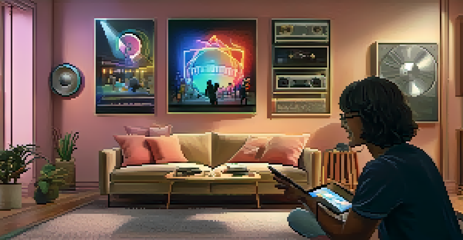 An artist in a cozy living room setting engaging with fans through a mobile app that displays augmented reality album covers.