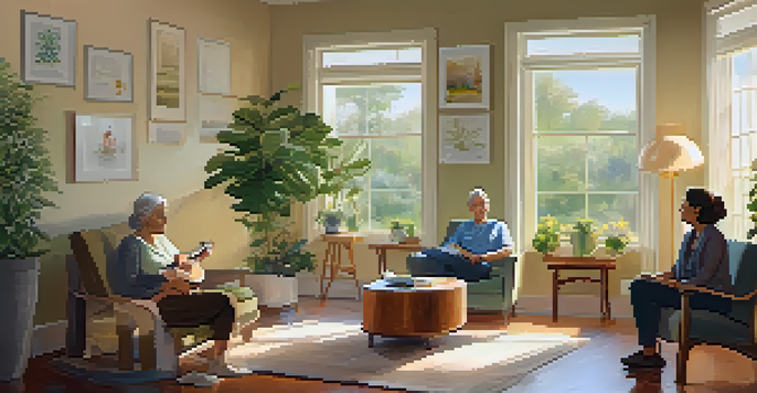 A peaceful palliative care room where a patient enjoys music while family members play guitar, creating a warm and connected atmosphere.