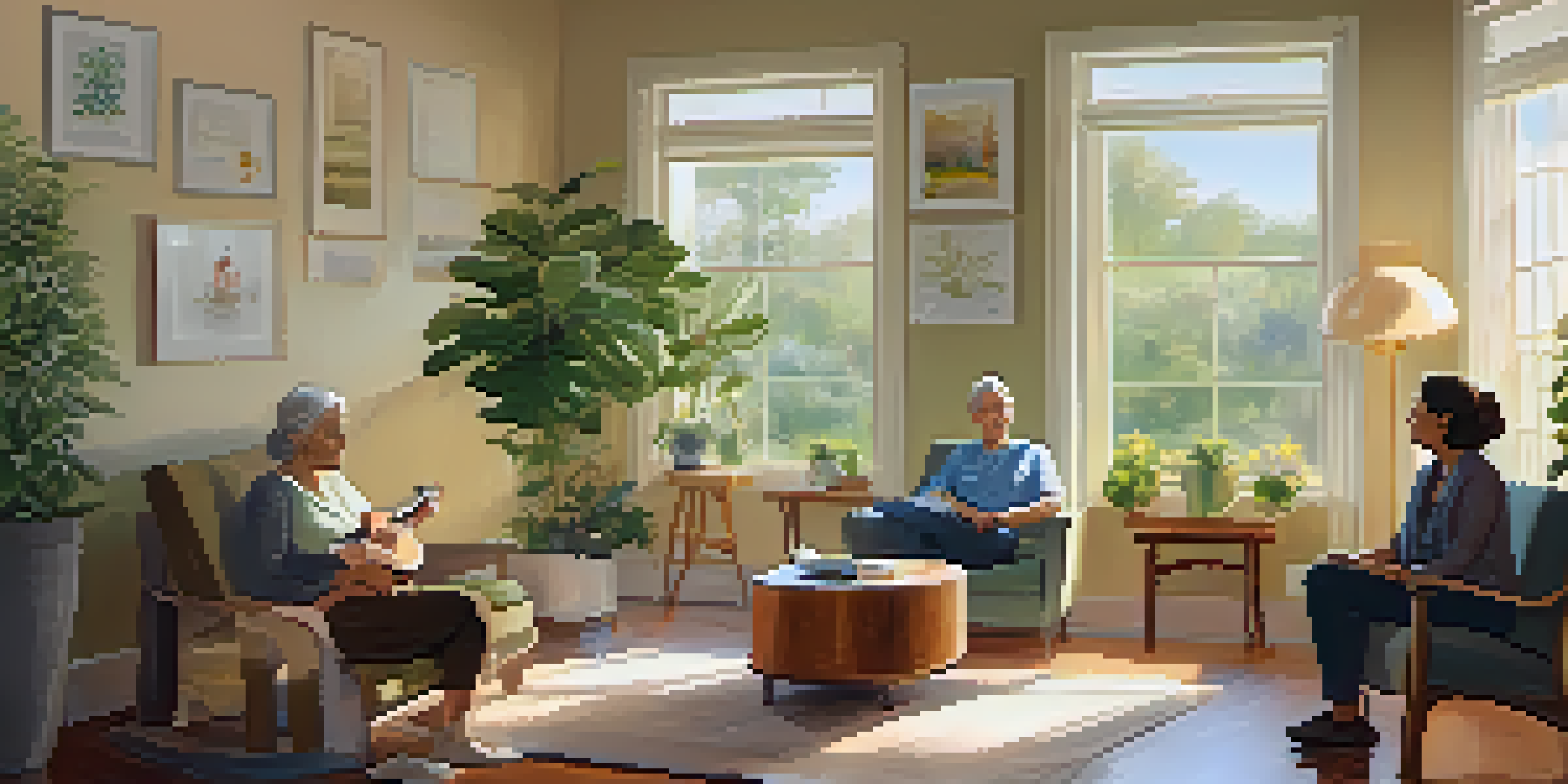A peaceful palliative care room where a patient enjoys music while family members play guitar, creating a warm and connected atmosphere.