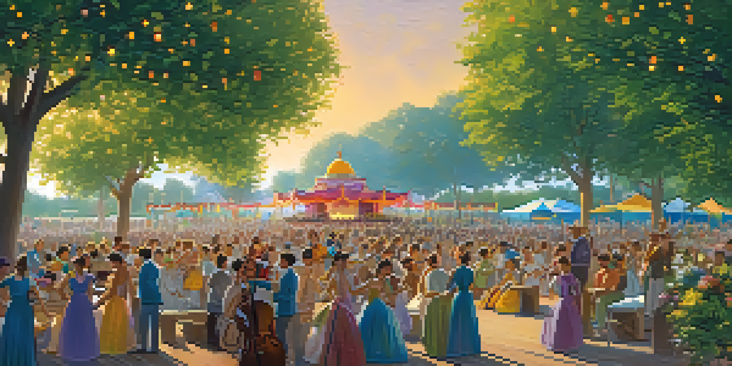 A lively outdoor classical music festival with a large audience, musicians on stage, and blooming flowers in a sunny park.