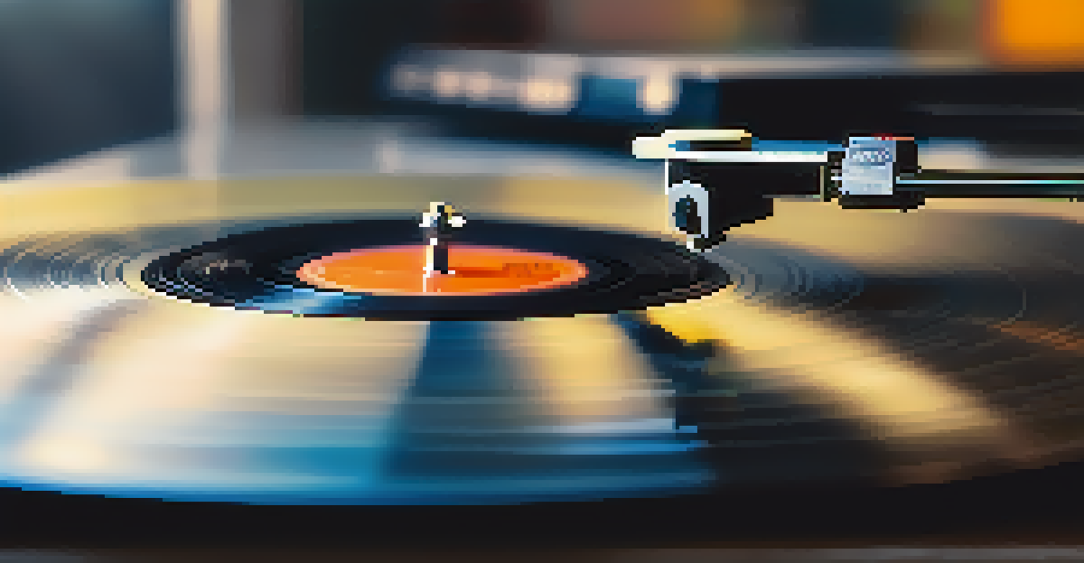 A close-up of a spinning vinyl record on a turntable, with warm lighting and blurred background, showcasing textures.