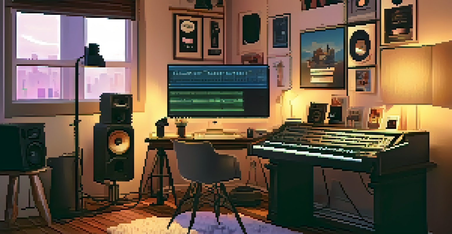 A cozy music production studio in a bedroom, showcasing a laptop, MIDI keyboard, and warm lighting with posters of electronic music artists.