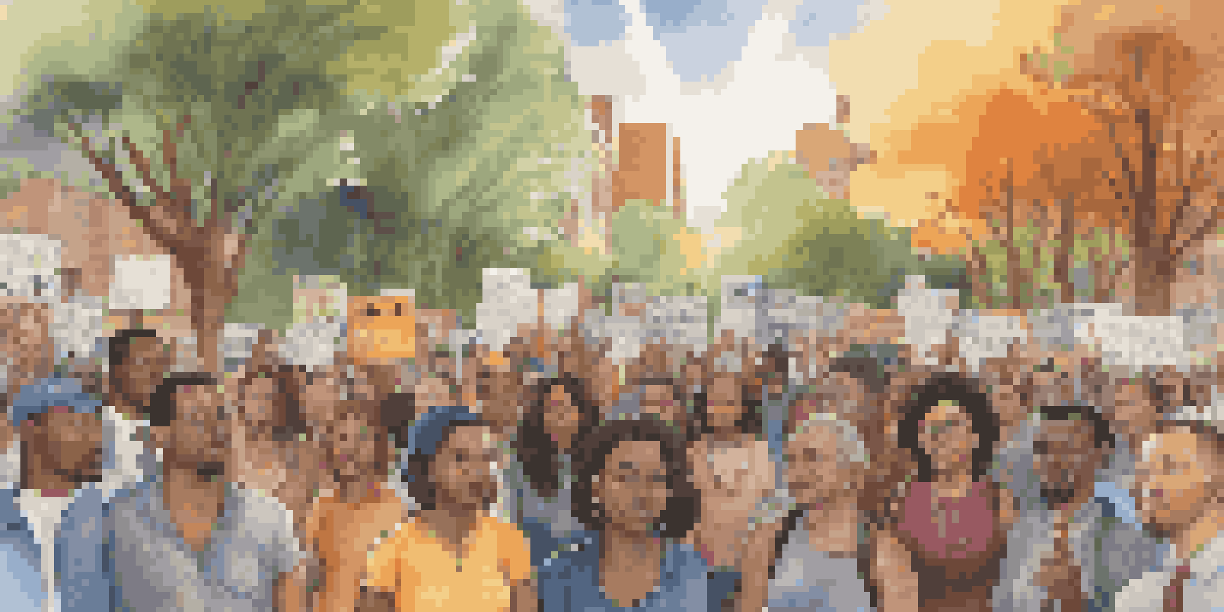 A lively urban protest with a diverse crowd holding colorful signs for social justice, set against a mural of civil rights leaders, illuminated by warm sunlight.