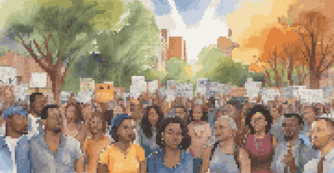 A lively urban protest with a diverse crowd holding colorful signs for social justice, set against a mural of civil rights leaders, illuminated by warm sunlight.