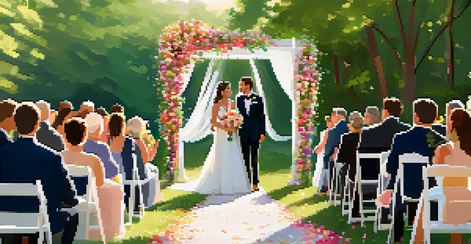 A couple walking down the aisle at their wedding ceremony, surrounded by family and friends in an outdoor setting with a floral arch.