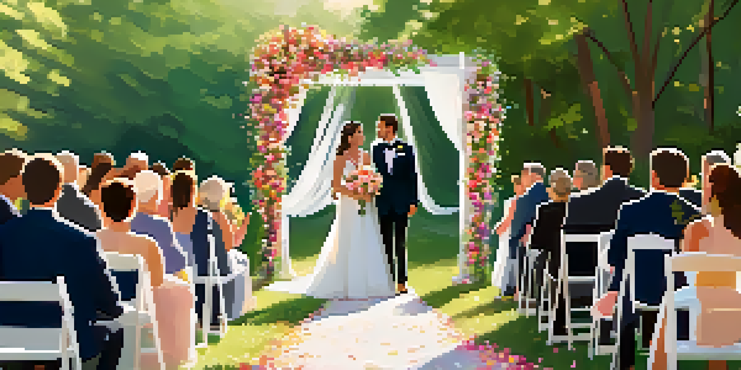 A couple walking down the aisle at their wedding ceremony, surrounded by family and friends in an outdoor setting with a floral arch.