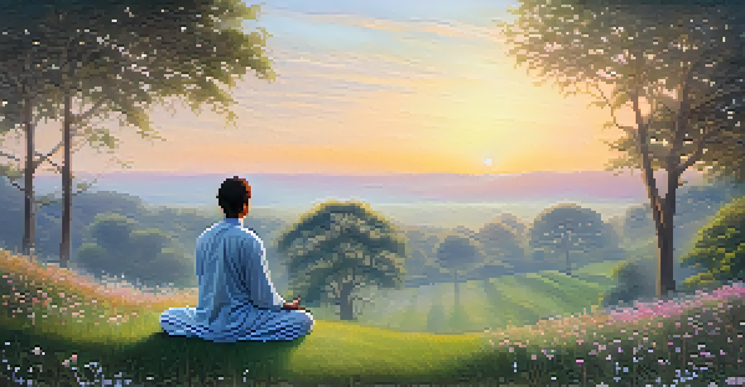 An outdoor meditation scene at sunrise with a person sitting on a grassy hilltop, surrounded by trees and a colorful sky, evoking a sense of peace and connection with nature.
