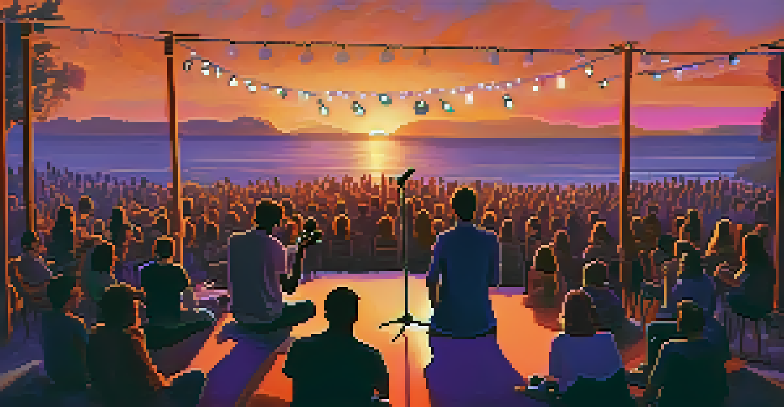 A solo guitarist performing at an outdoor concert during sunset, with an engaged audience and beautiful sky colors.