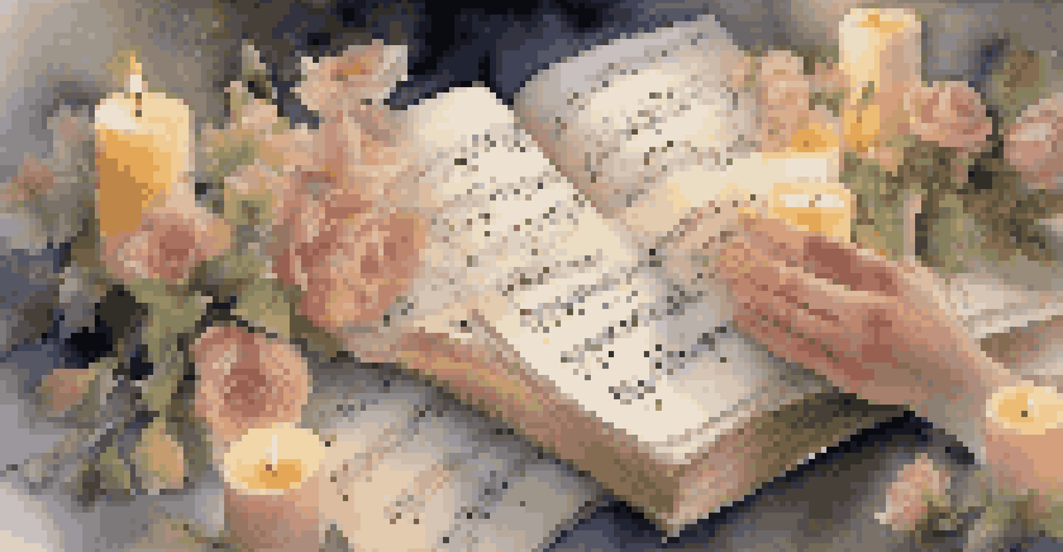 Close-up of hands holding musical scores with flowers and candles, symbolizing hope and healing through choral music.