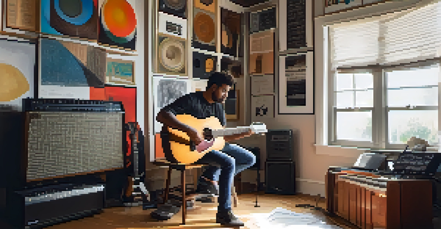 A musician tuning a guitar in a well-lit recording space with soundproofing, surrounded by musical equipment.