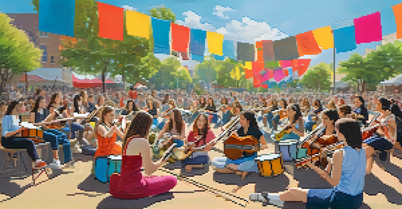 A music workshop at a festival where young girls and women learn to play instruments with guidance from a female instructor.