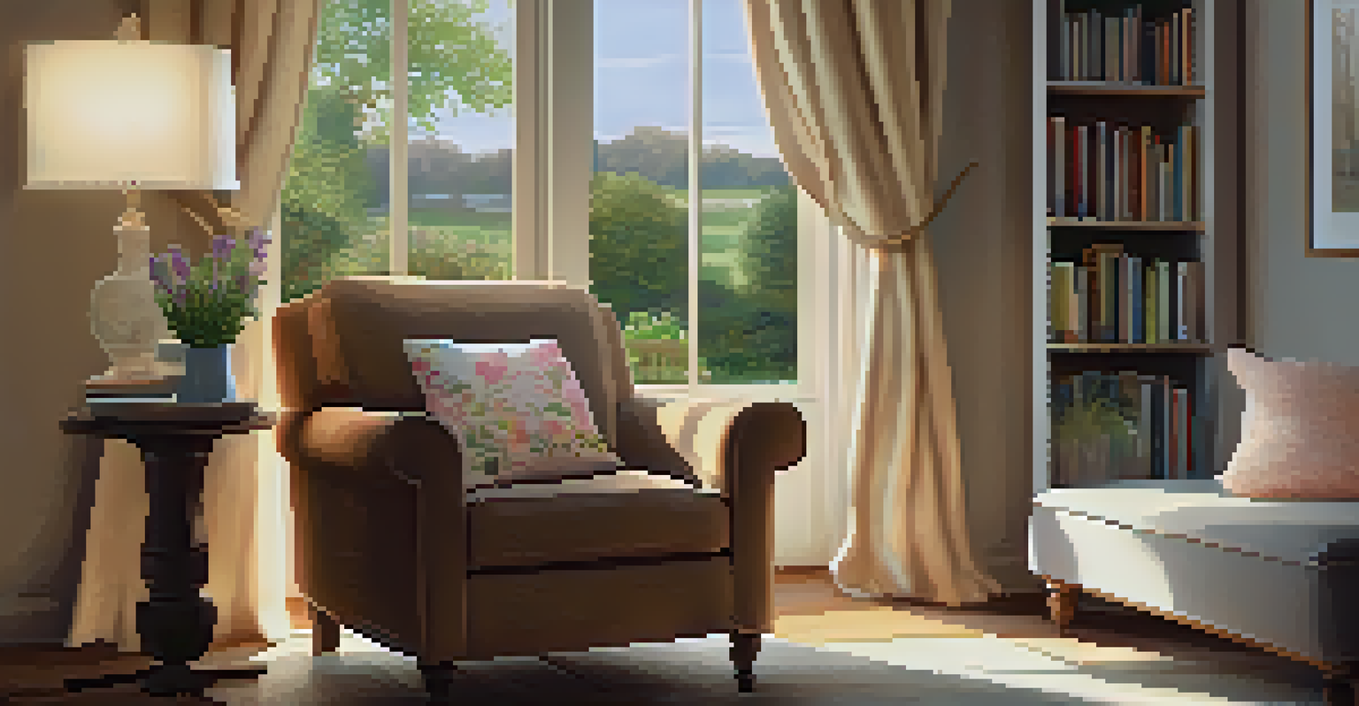 A cozy reading nook featuring a plush armchair, a side table with books, and a garden view through the window, illuminated by warm light.