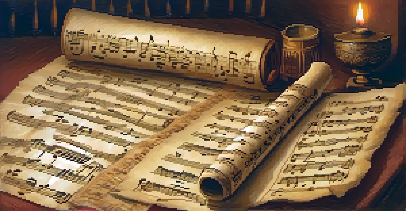 A close-up of a medieval parchment scroll with musical notation, quill, and inkpot on a softly lit background.