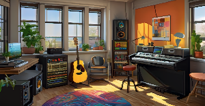 A cozy home music studio with instruments and a laptop showing music recommendation software, illuminated by warm sunlight.