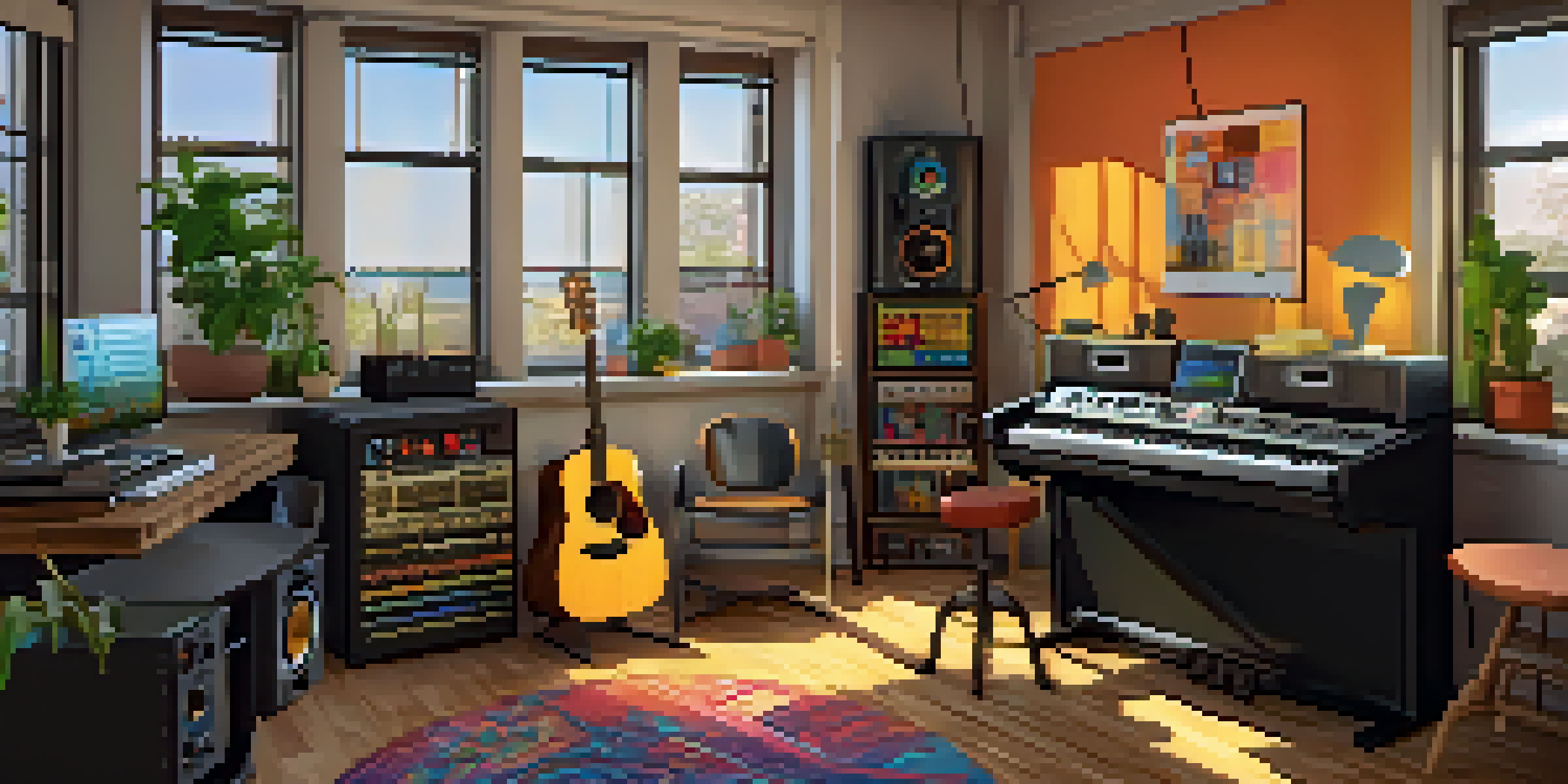 A cozy home music studio with instruments and a laptop showing music recommendation software, illuminated by warm sunlight.