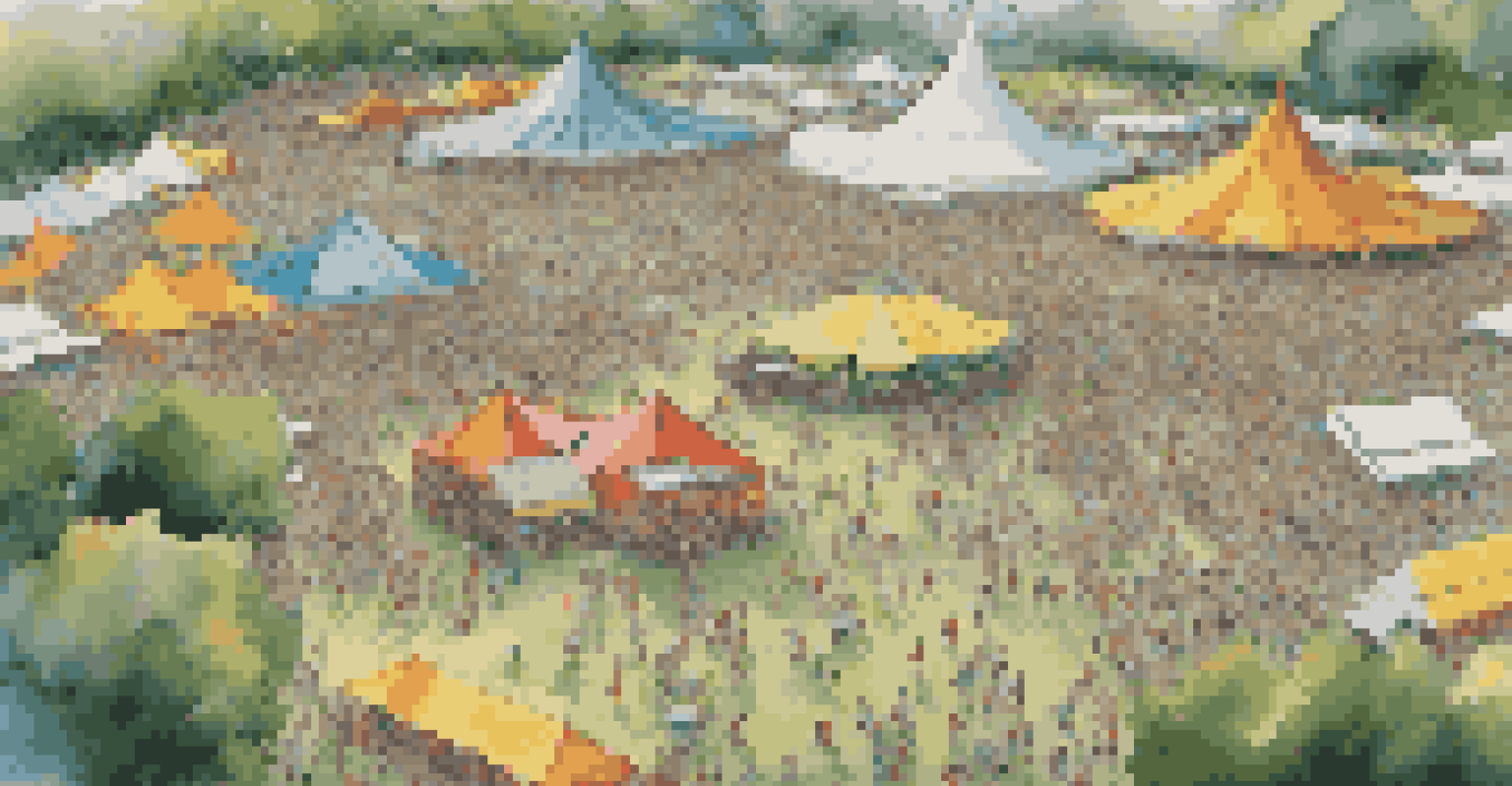 Aerial view of a large music festival with colorful tents, stages, and a lively crowd enjoying various activities.