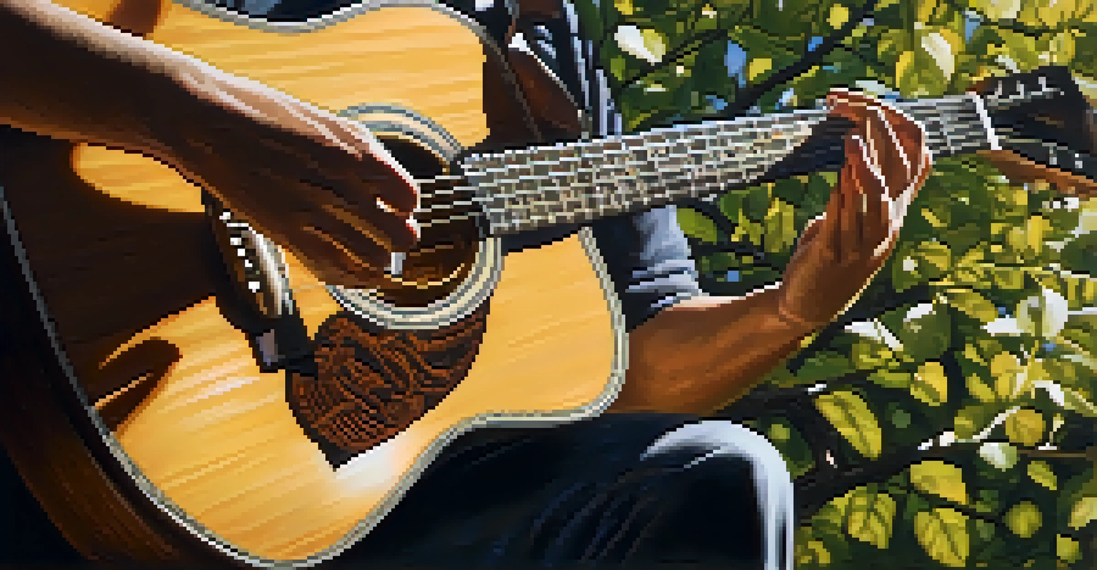 A musician's hands playing a guitar with sunlight filtering through tree leaves.