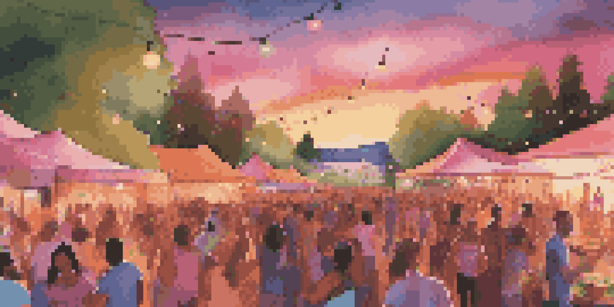 A lively music festival at sunset with people dancing, colorful lights, and food stalls in the background.