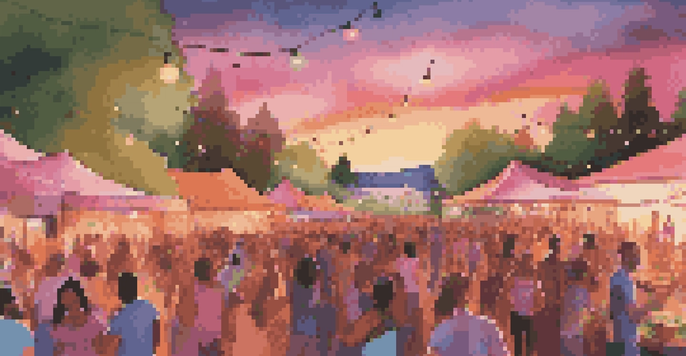 A lively music festival at sunset with people dancing, colorful lights, and food stalls in the background.