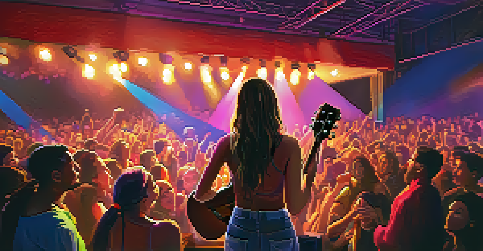 An independent artist performing live on stage with colorful lights, engaging an enthusiastic audience.