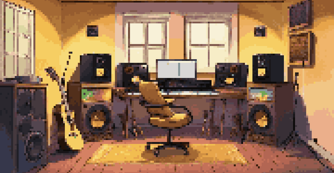A warm and inviting home recording studio with musical instruments, a computer, and soundproofing panels.