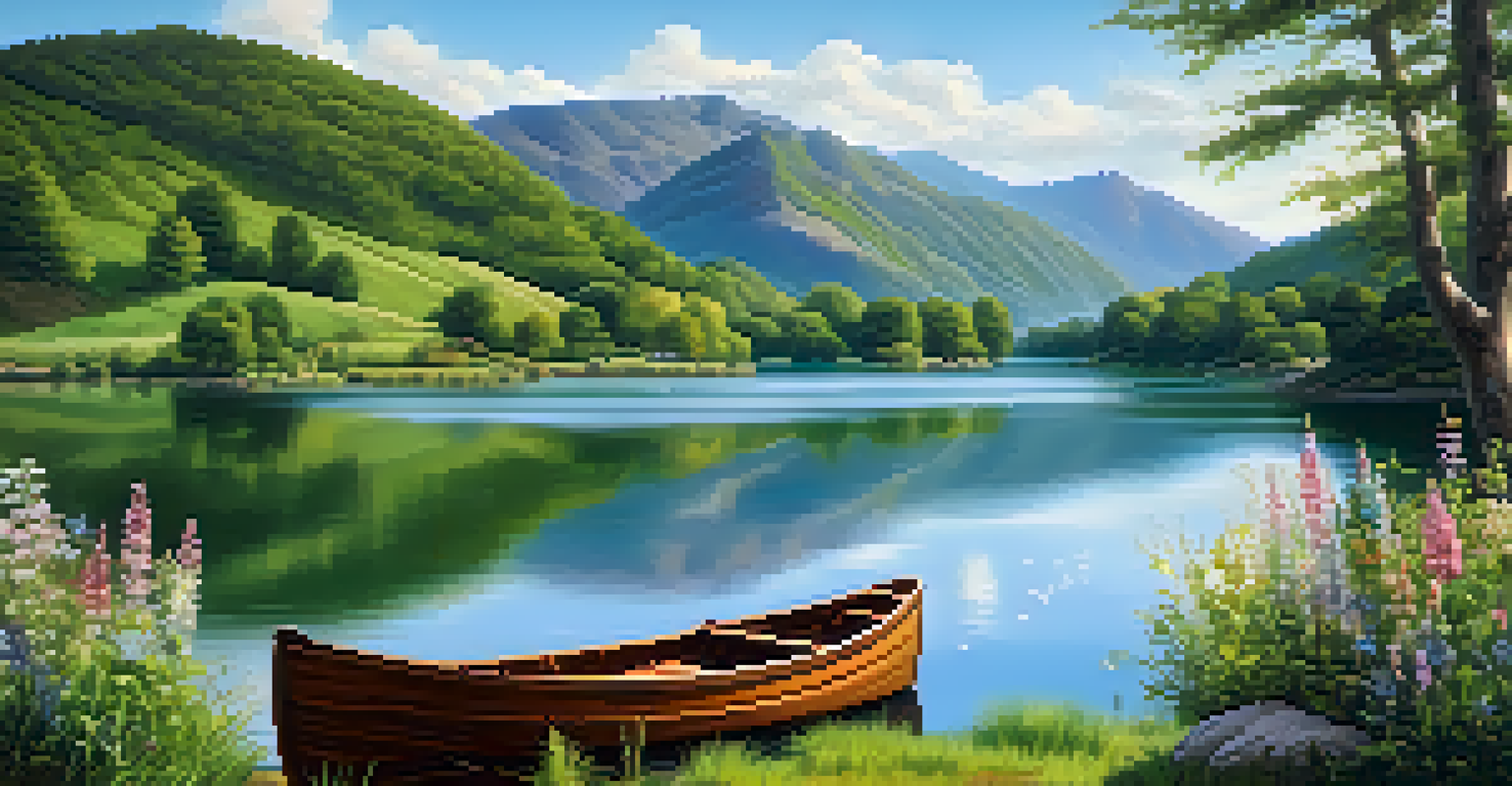 A peaceful lake landscape with mountains and blooming wildflowers.