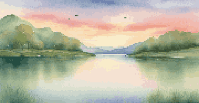 A peaceful virtual landscape with a tranquil lake and lush green hills at sunset, portraying a calming atmosphere.