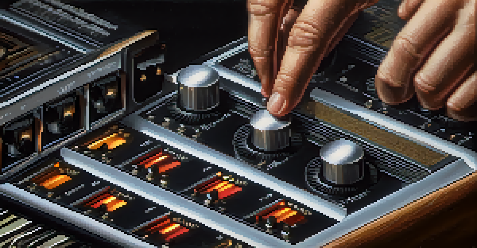 A close-up image of a hand adjusting a vintage audio equalizer with glowing knobs.
