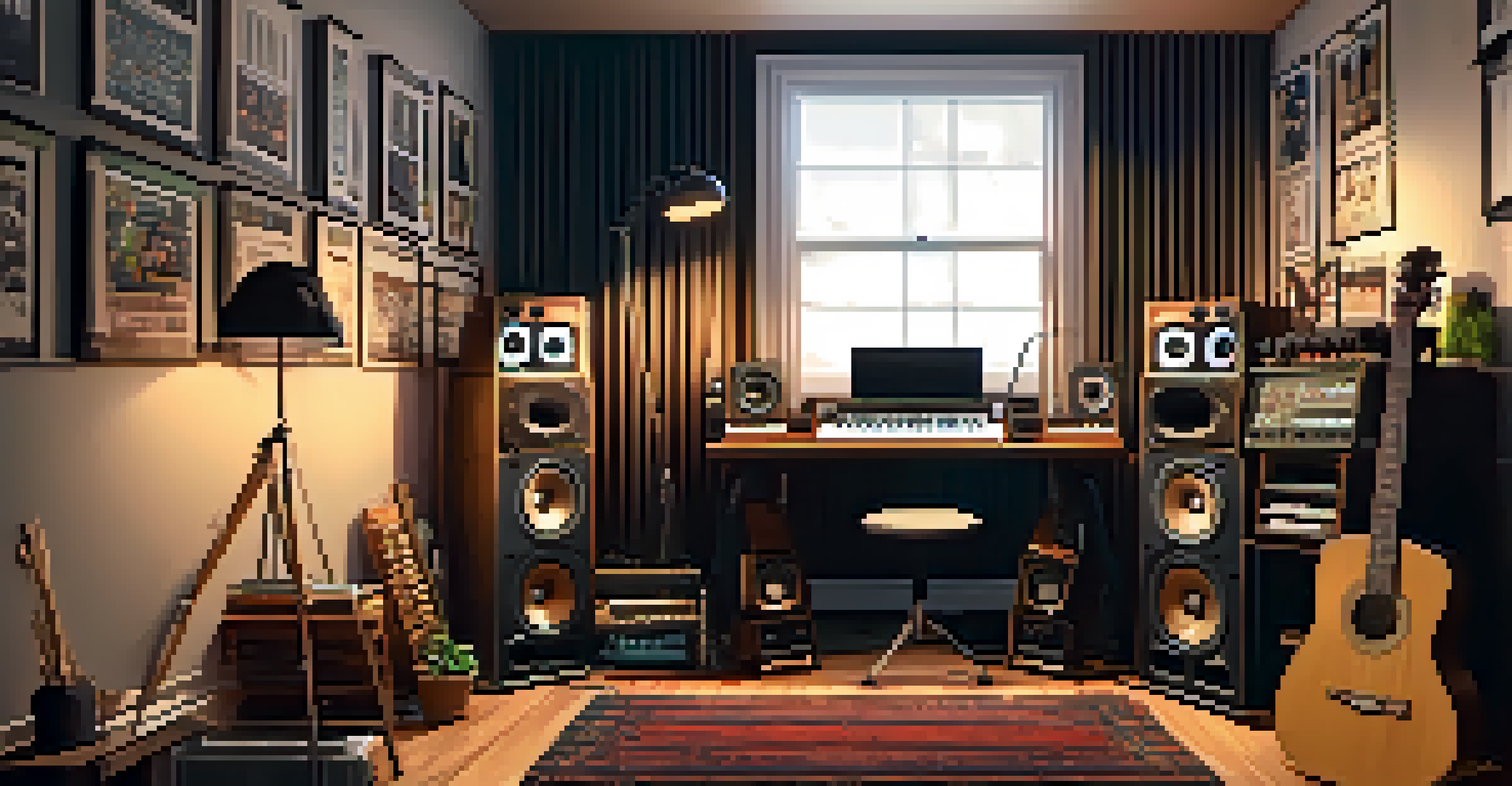 An independent artist in a cozy home studio, surrounded by musical instruments, focused on recording music with warm lighting.