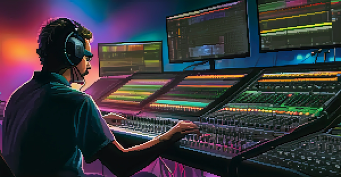 A monitor engineer adjusting sound levels during a live concert, with audio equipment and colorful stage lights in the background.