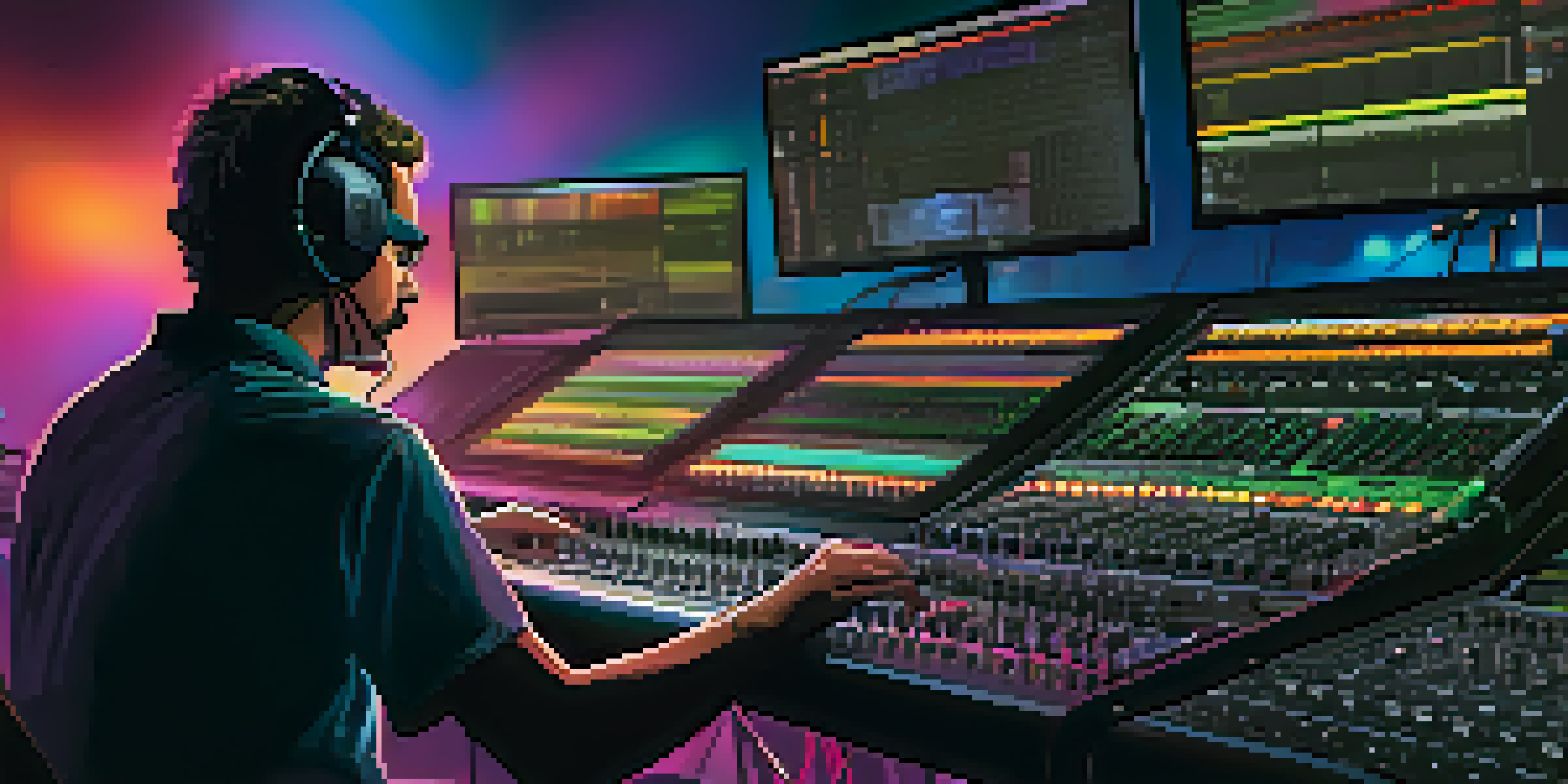 A monitor engineer adjusting sound levels during a live concert, with audio equipment and colorful stage lights in the background.