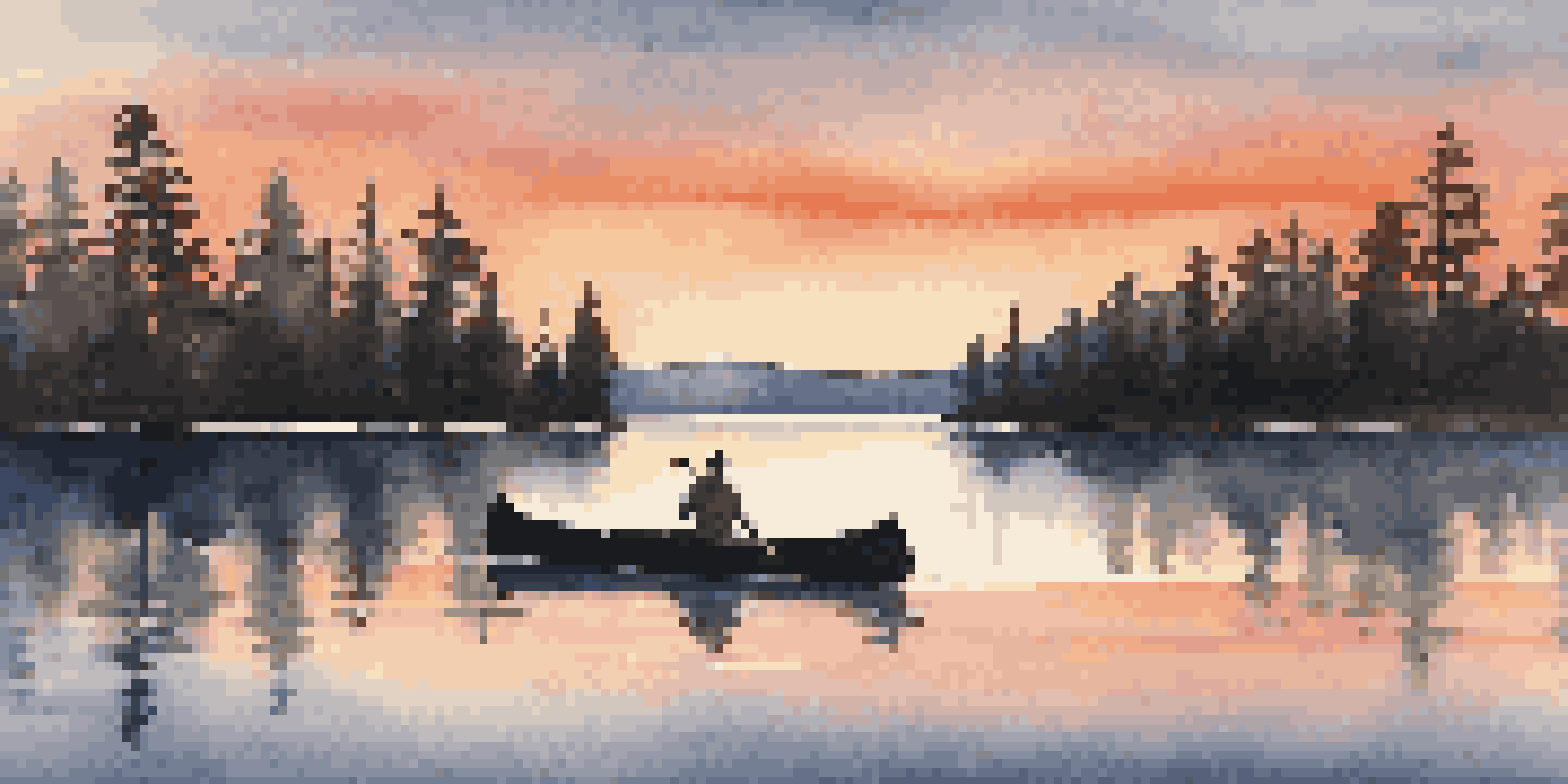 A peaceful sunset over a calm lake, with colorful reflections and a canoe.