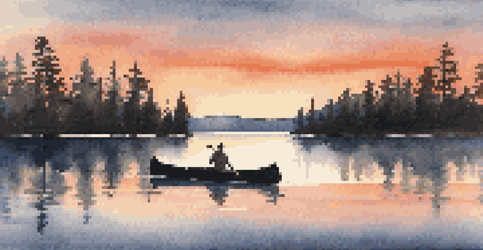 A peaceful sunset over a calm lake, with colorful reflections and a canoe.