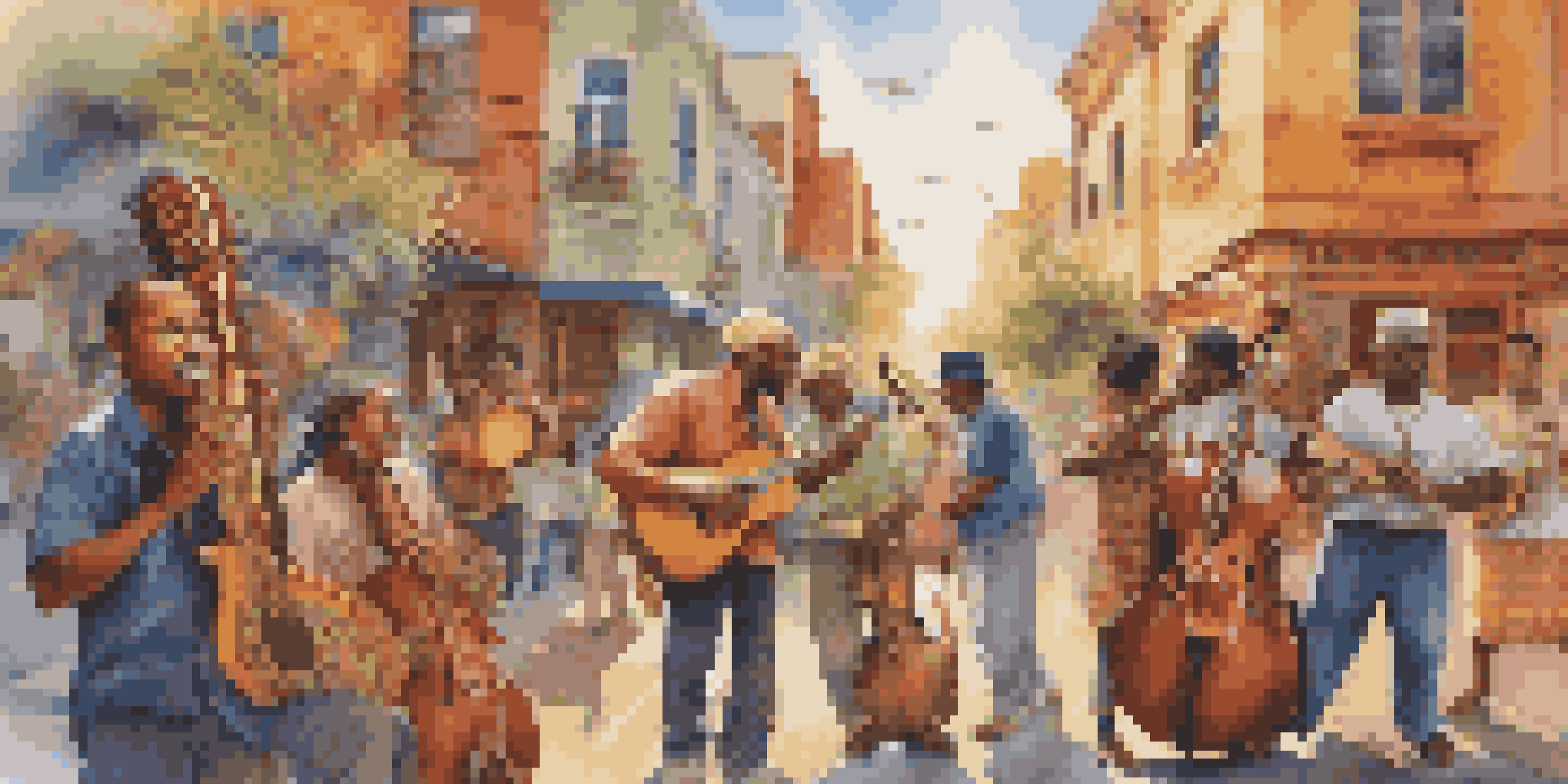 A diverse group of musicians working together on a colorful mural that represents cultural exchange, with traditional instruments and warm sunlight illuminating the scene.