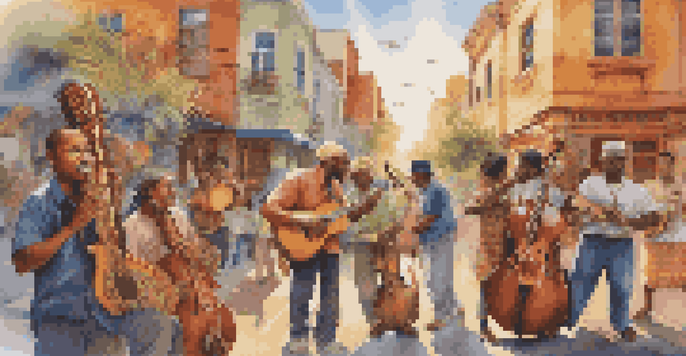 A diverse group of musicians working together on a colorful mural that represents cultural exchange, with traditional instruments and warm sunlight illuminating the scene.
