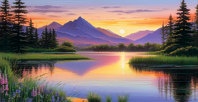 A peaceful sunset over a lake, with colorful reflections in the water and greenery in the foreground.