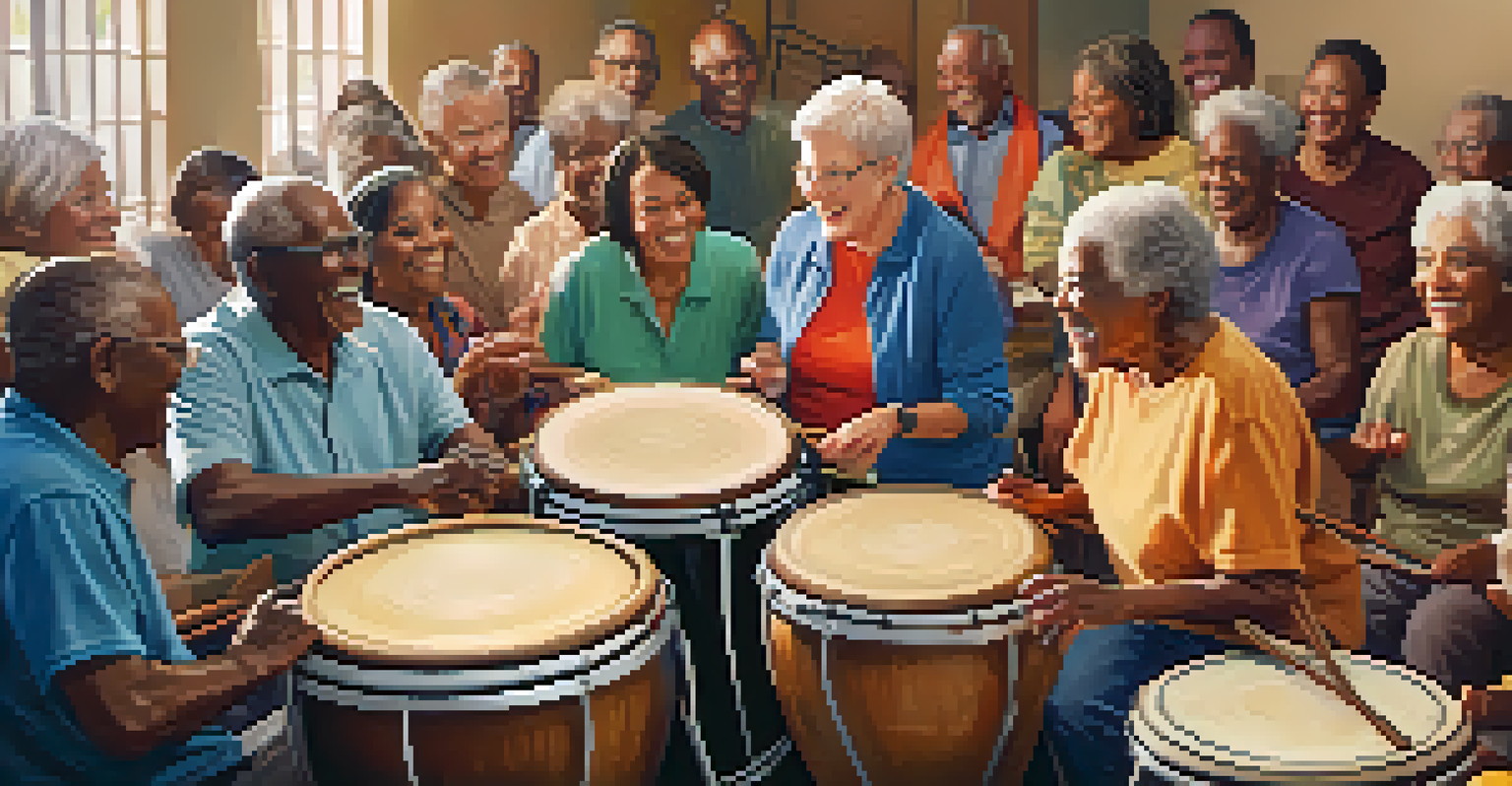 Seniors joyfully participating in a drumming circle at a community center.