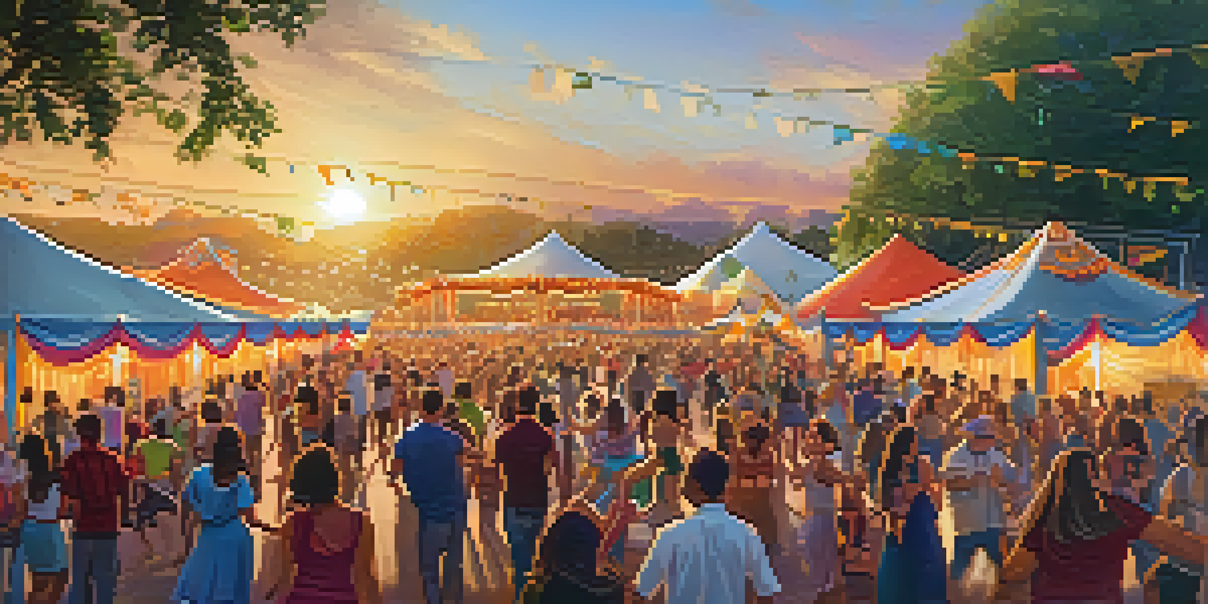 A lively outdoor dance festival with people dancing and musicians performing, surrounded by colorful decorations and a warm sunset.