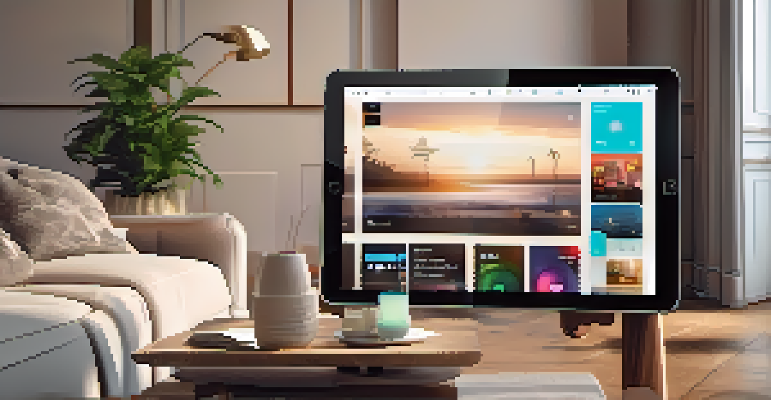 A tablet displaying a digital music streaming interface in a cozy living room with stylish furniture and ambient lighting.