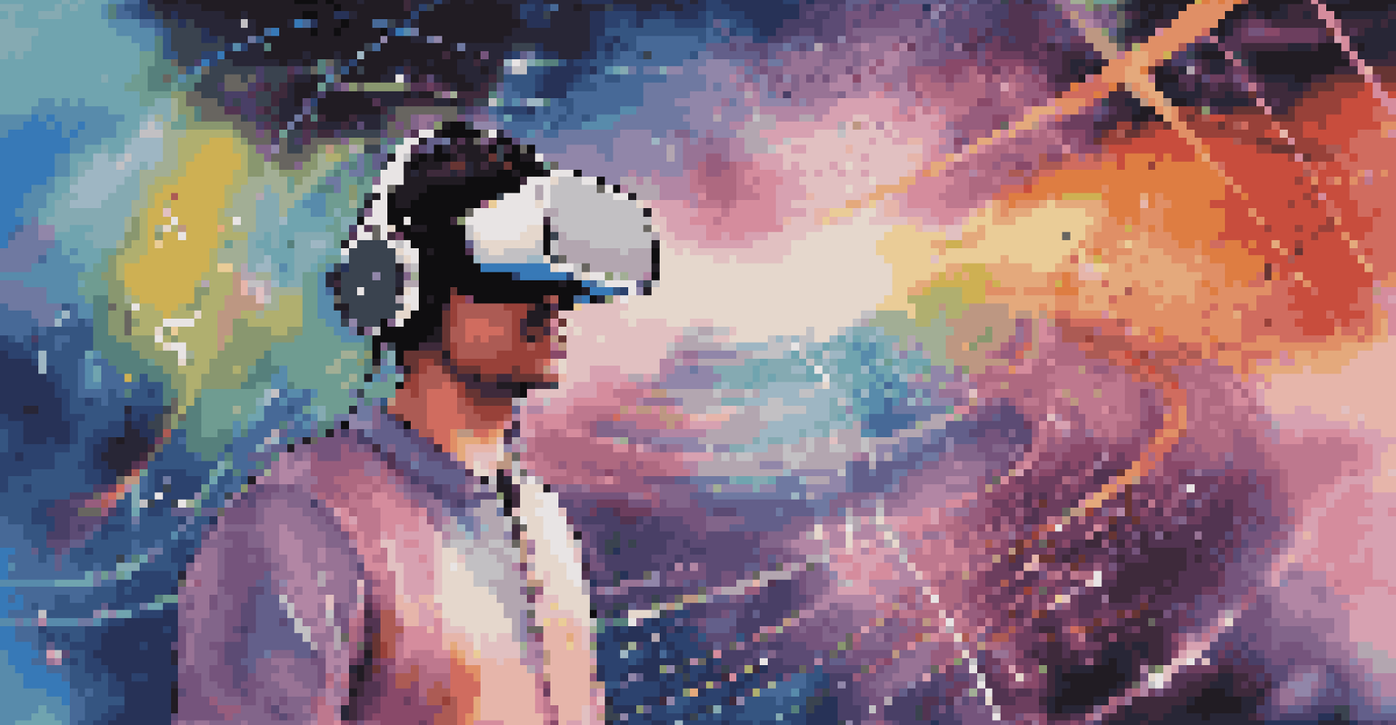 A player in a virtual reality setup with colorful sound waves and musical notes in a futuristic gaming environment.