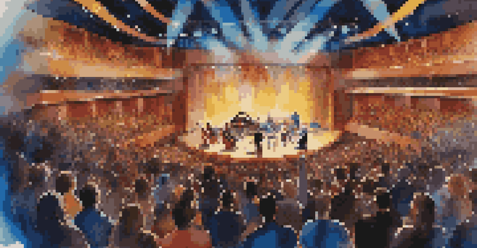 An overhead view of a concert hall with a musician on stage and an enthusiastic audience.