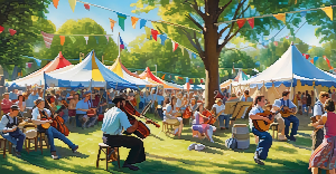 A lively folk music festival with musicians playing various instruments in a sunny park, surrounded by colorful tents and dancing crowds.
