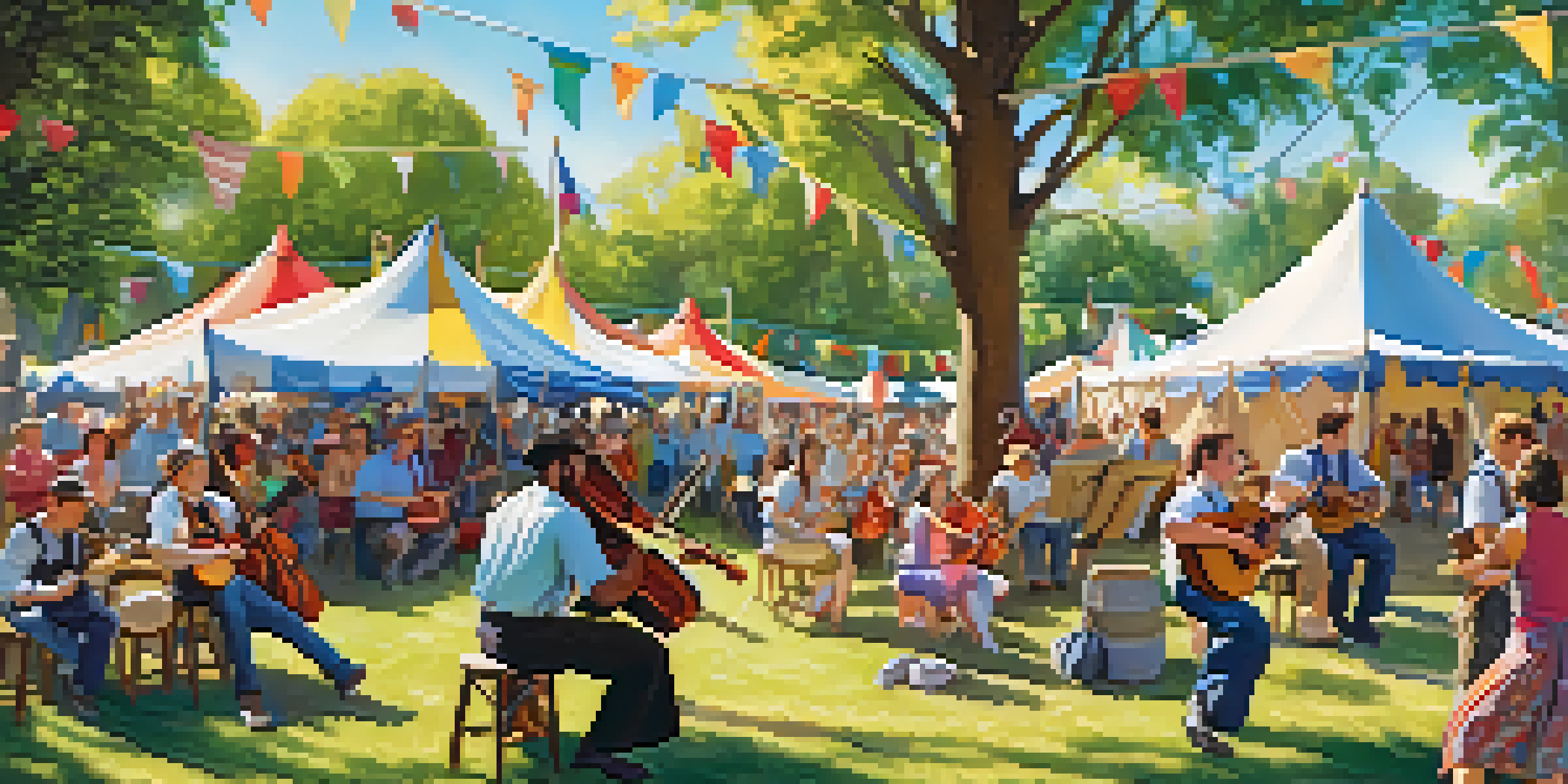 A lively folk music festival with musicians playing various instruments in a sunny park, surrounded by colorful tents and dancing crowds.