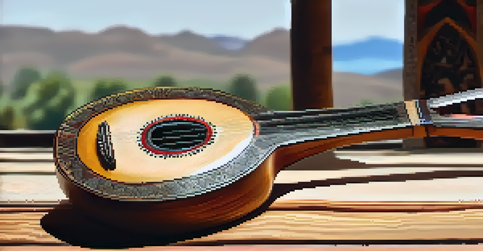 A close-up of a charango instrument on a wooden table, showcasing its detailed craftsmanship and the blurred Andean landscape in the background.