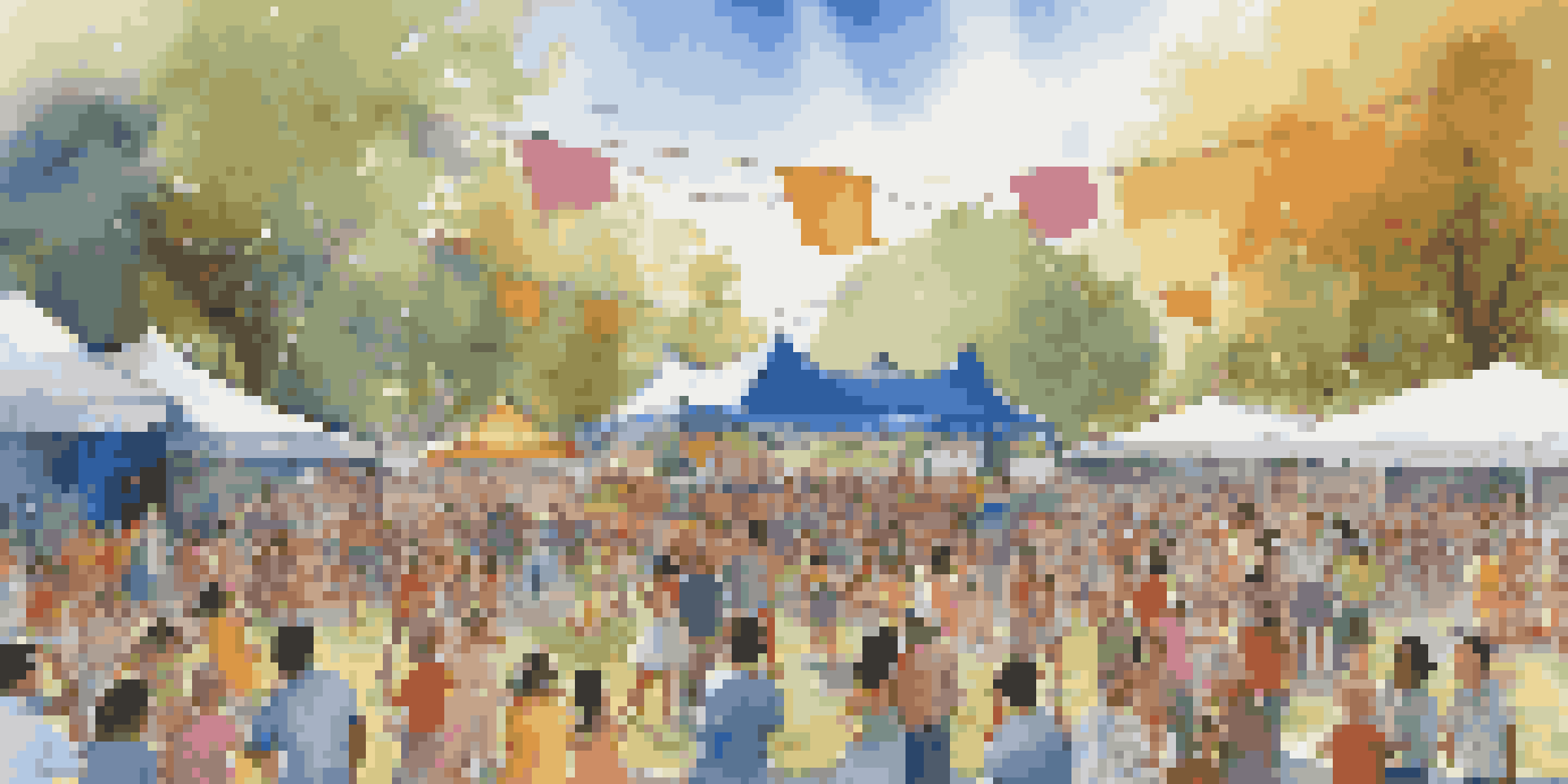 A lively outdoor concert in a park with a diverse crowd enjoying music, children playing, and colorful decorations.